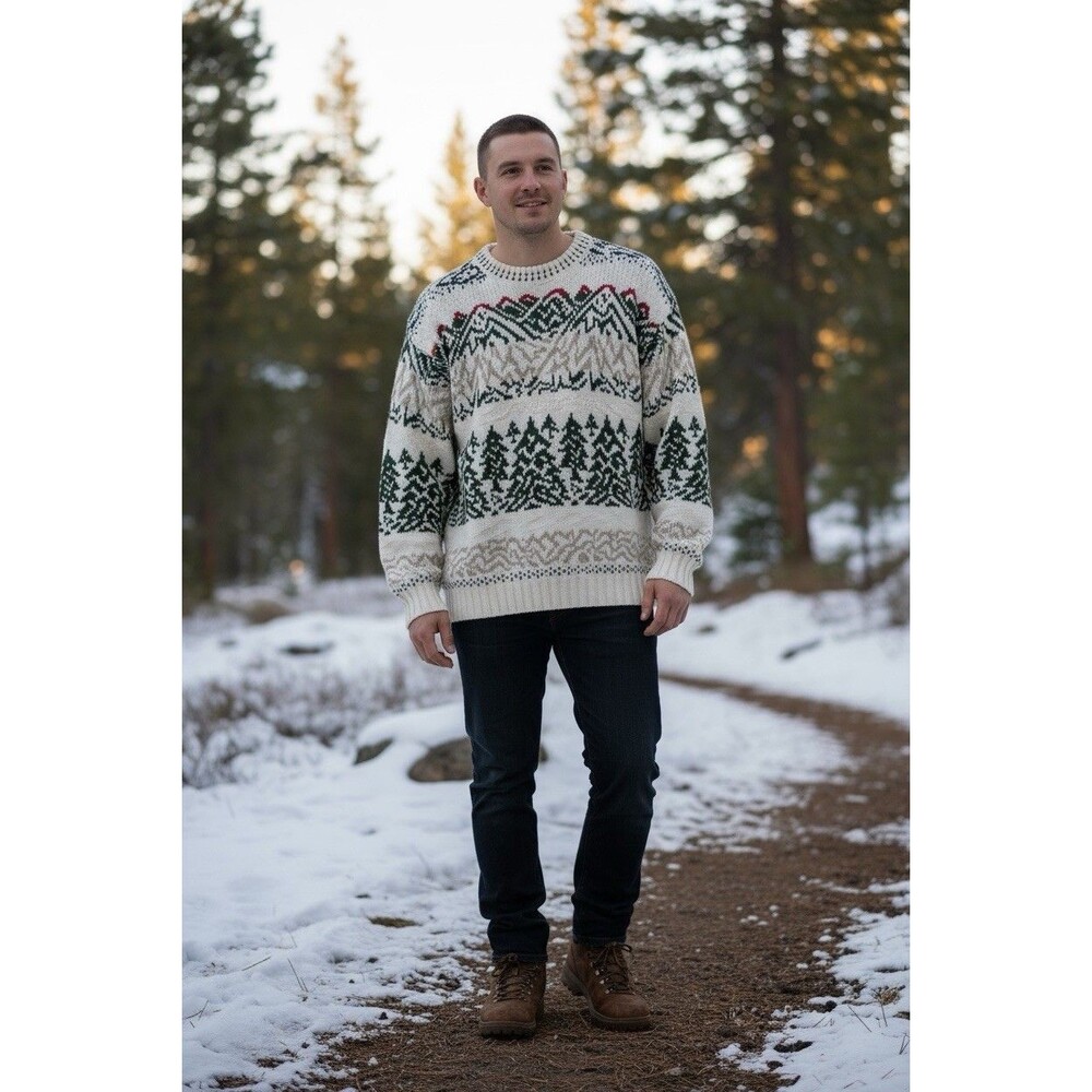 Vintage Fenwick Isle Cotton Knit Sweater Large Holiday Winter Forest Scene Trees
